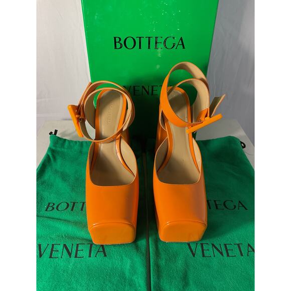 Bottega Veneta Tower Orange Leather Square Toe Ankle Strap Pumps Size 9.5 - Picture 2 of 6